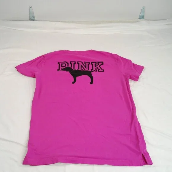 Victoria’s Secret PINK XS Pink Pocket T-Shirt Black Dog Back Graphic - Picture 2 of 4